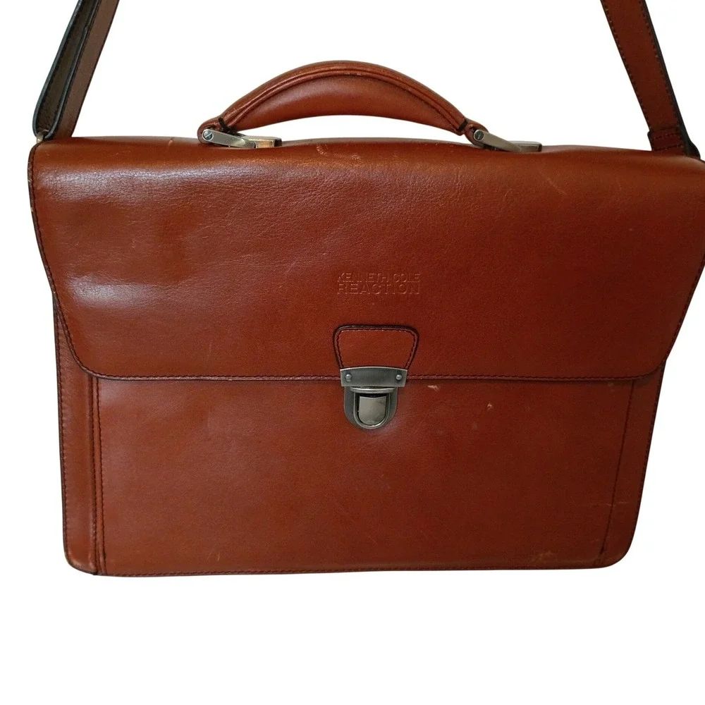 Kenneth Cole Reaction Brown Leather Briefcase Messenger Bag Laptop Work Bag‎